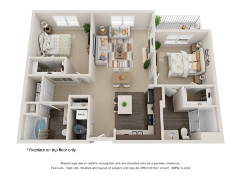 A 3D floor plan of a small apartment with a kitchen, living room, and two bedrooms.